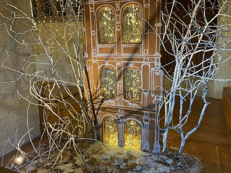 Gingerbread building and white branches at Azay-le-Rideau castle at Christmas