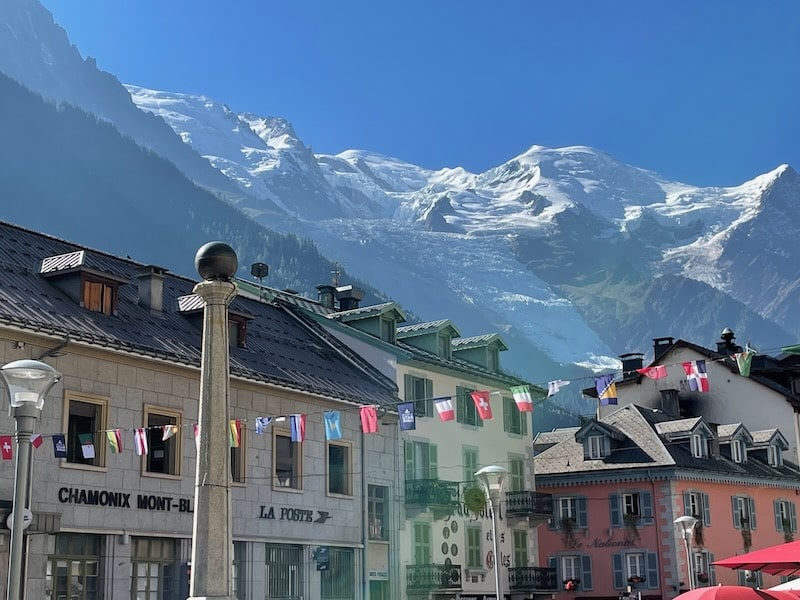 Chamonix in September, with the snowy mountains in the background