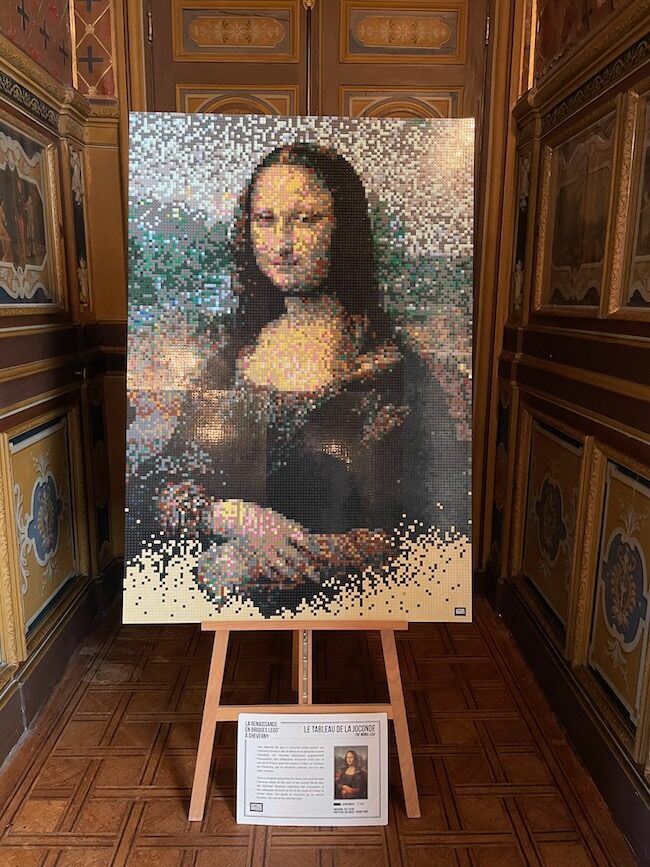 A replica of the Mona Lisa made of LEGO bricks, in the hallway at Cheverny Castle in France’s Loire Valley