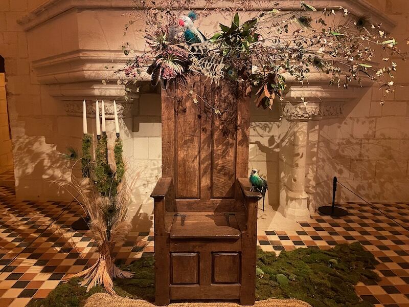 Medieval throne or chair decorated for Christmas at Chinon Fortress