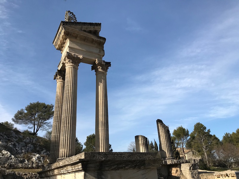 Restored columns of twin Corinthian temple in first Roman Forum of Glanum (20 BC) near Saint Remy de Provence