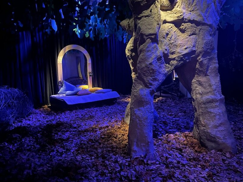 A blue paper-maché rendering of a scene from Hansel and Gretel as portrayed at Loches castle for Christmas