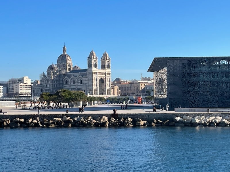 View of La Major and MUCEM from the water, sailing out of Marseille.