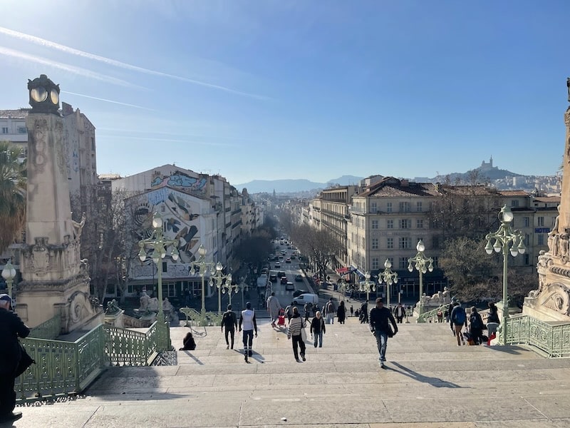 Stairs leading down from Marseille train station.