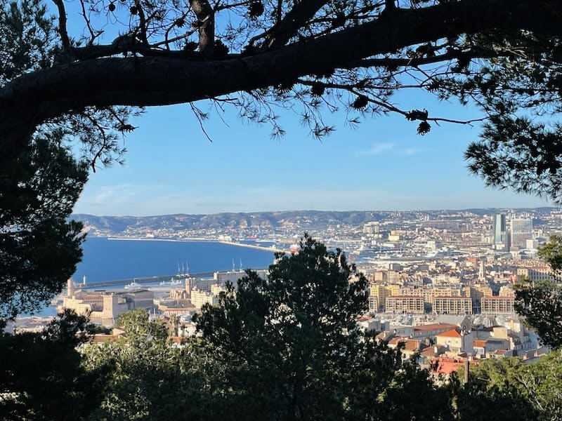 Panoramic view of the bay of Marseille seen from the Basilica Notre Dame de la Garde on the hill above the city.