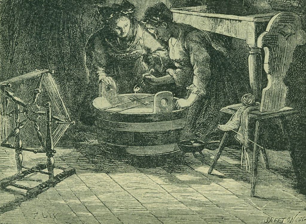 Ancient black and white etching of two women standing over a cauldron