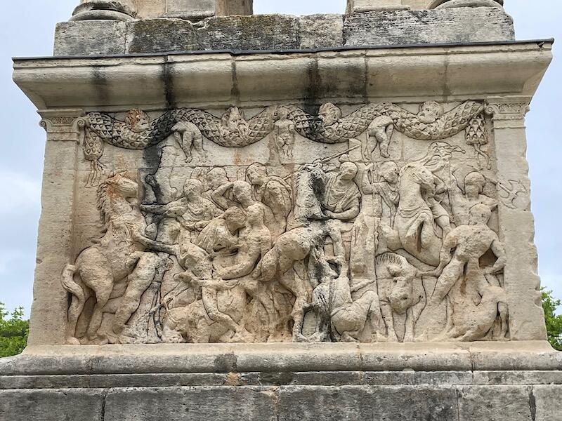 The sculpted pediment of the Mausoleum of the Julii, one of Les Antiques, at the entrance of the Roman city of Glanum near Saint Remy de Provence